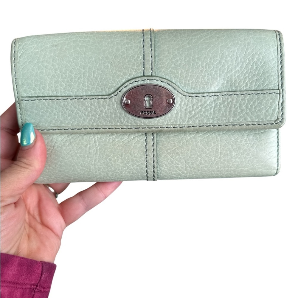 Fossil Women's Green Leather Wallet mint clutch card holder purse silver